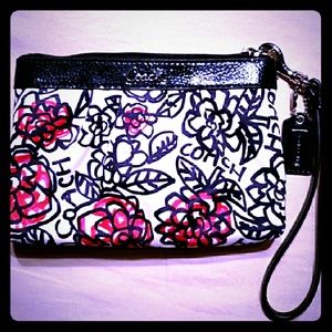 Poppy rose silk and leather Coach wristlet